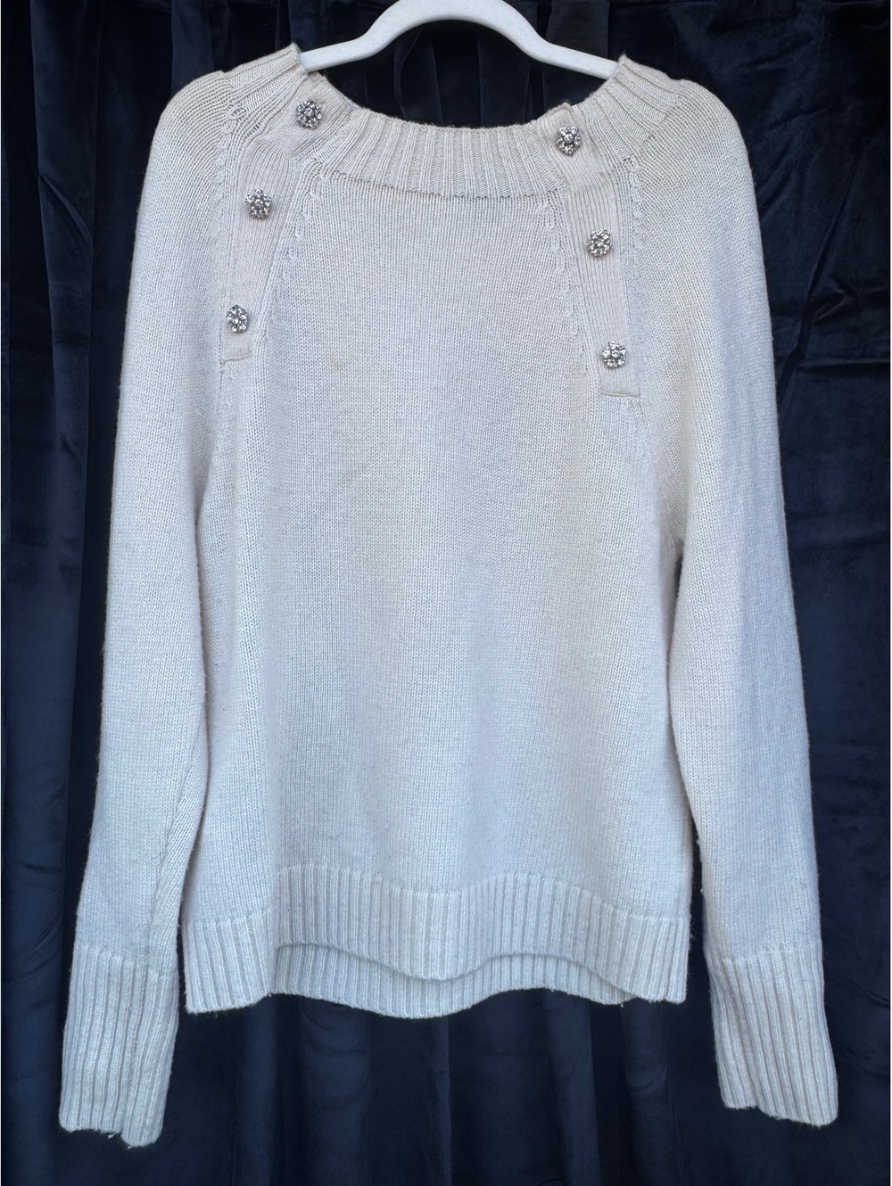 J.Crew Cream Wool Blend Sweater with Rhinestone Buttons Size L